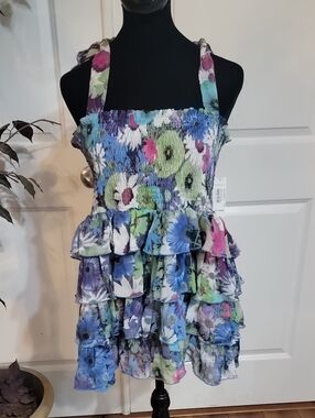 Allen B. By Allen Schwartz Floral Smocked Tiered Tunic - Blue, Green & Pink